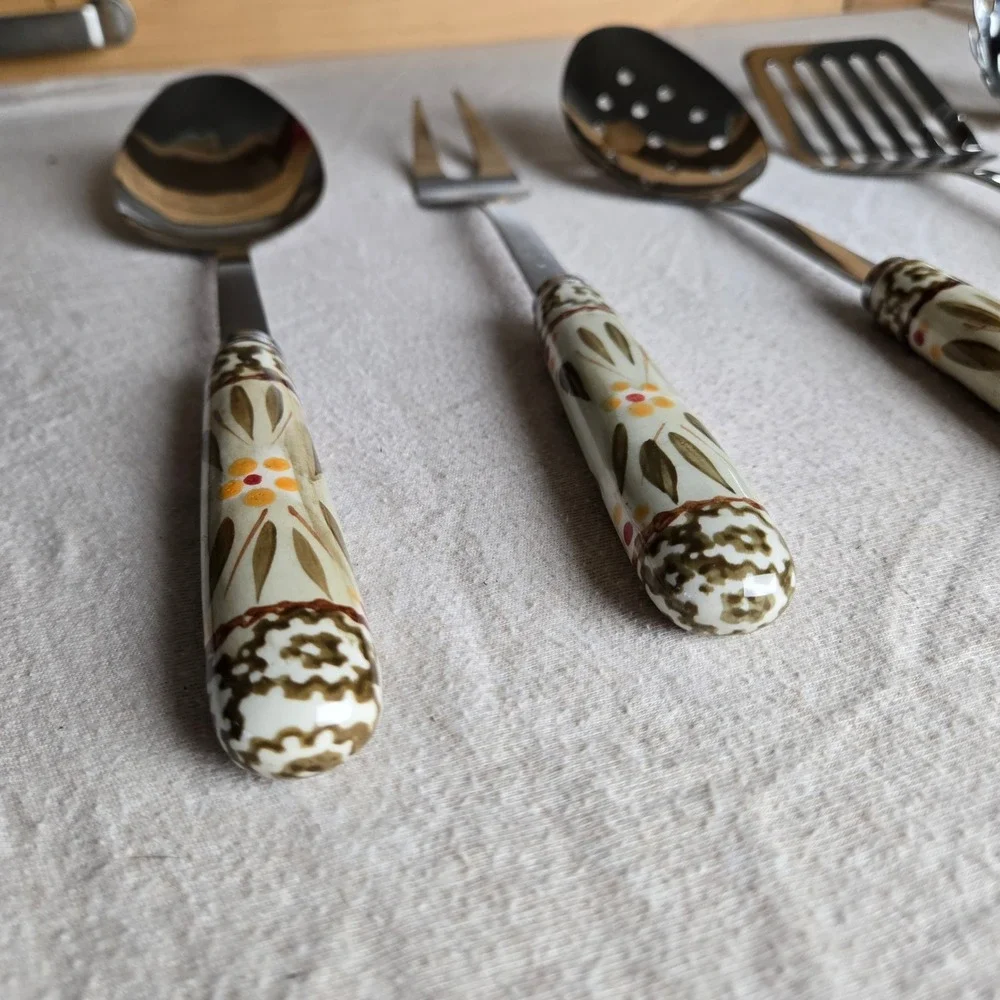 Temp-tations serving Utensil Set Green Old World ceramic 5pc stainless steel